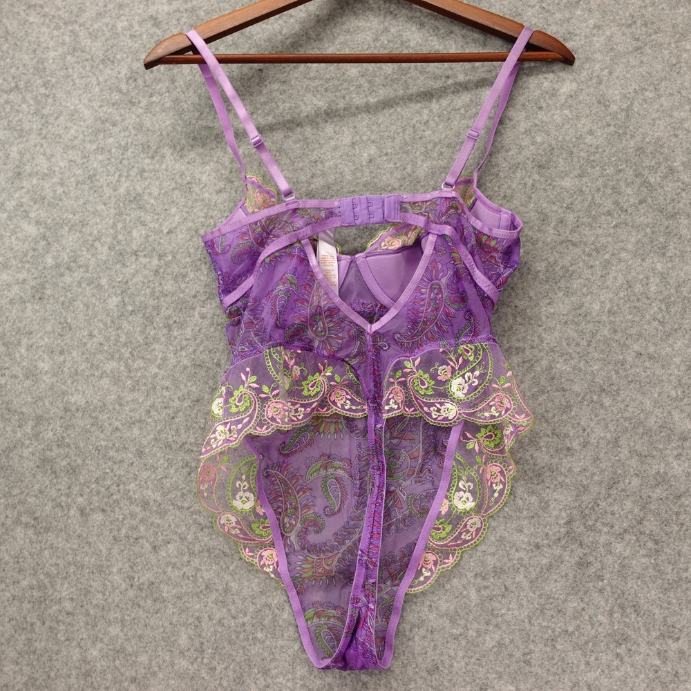 Savage X Fenty Womens Bodysuit M Purple Mesh Lace Underwire Y2K Rave Sexy Sheer - Picture 2 of 14